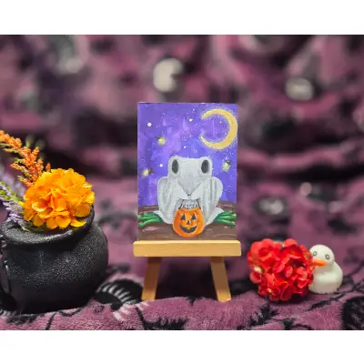 Critter Treats Series Part 4 of 9, Halloween Spooky Cute Frog Ghost aceo art card thumbnail 1