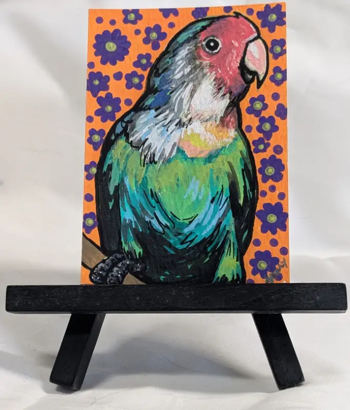 Rosey Faced Lovebird on Orange with Purple flowers aceo art card