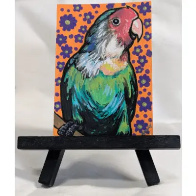 Rosey Faced Lovebird on Orange with Purple flowers aceo art card thumbnail 1