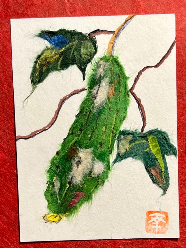 Japanese Washi art-summer cucumber aceo art card