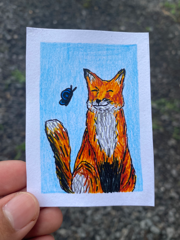 Red Fox with Blue Butterfly Friend aceo art card