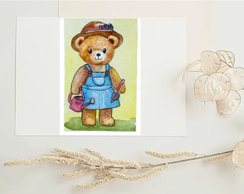 "Garden Bear" ACEO Fine Art by Edie OOAK SRA original watercolor anthropomorphic farmer tools aceo art card