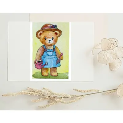 "Garden Bear" ACEO Fine Art by Edie OOAK SRA original watercolor anthropomorphic farmer tools aceo art card thumbnail 1