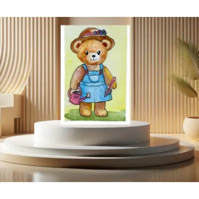 "Garden Bear" ACEO Fine Art by Edie OOAK SRA original watercolor anthropomorphic farmer tools aceo art card thumbnail 2