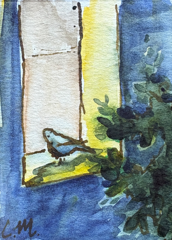 Bird in a window aceo art card