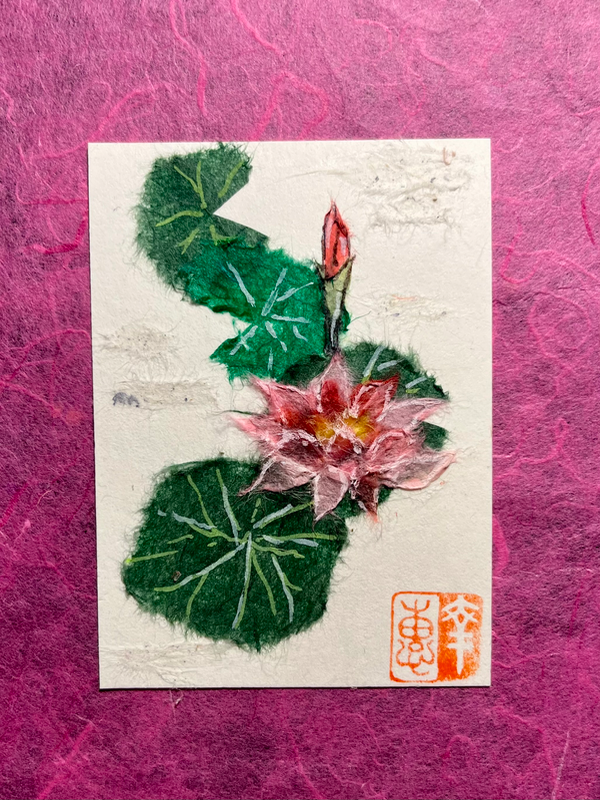 Japanese Washi art-Pink water lily#2 aceo art card