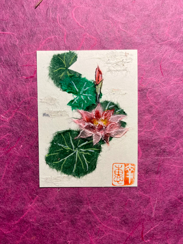 Pink water lily#2- Japanese Washi art aceo art card