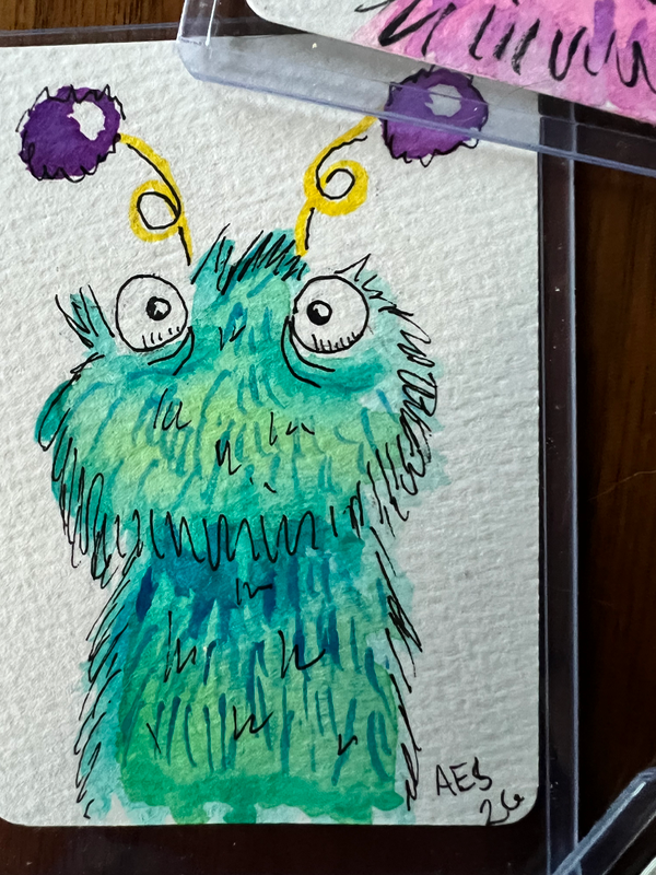 Blue and Fuzzy Monster aceo art card