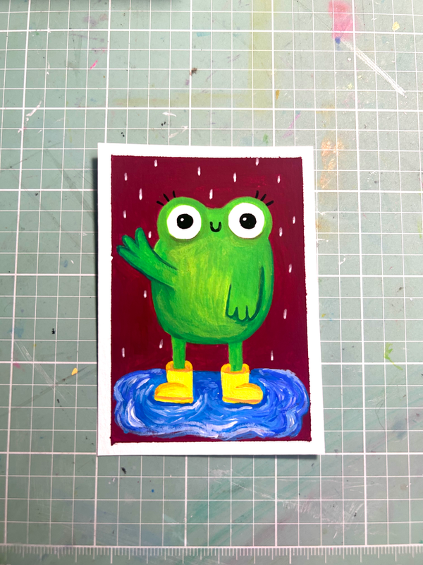 Frog in puddle aceo art card