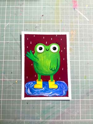Frog in puddle aceo art card thumbnail 1