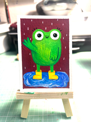 Frog in puddle aceo art card thumbnail 2