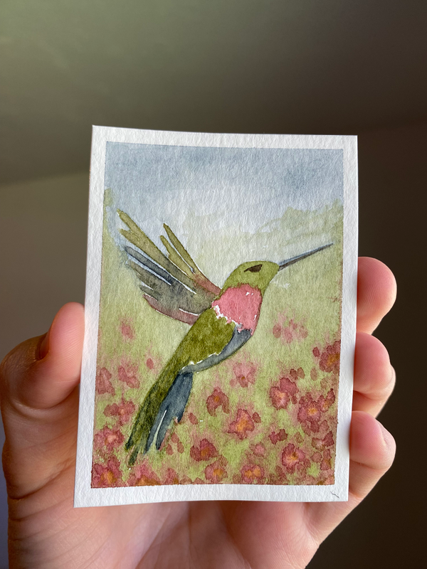 Hummingbird with Red Blooms aceo art card
