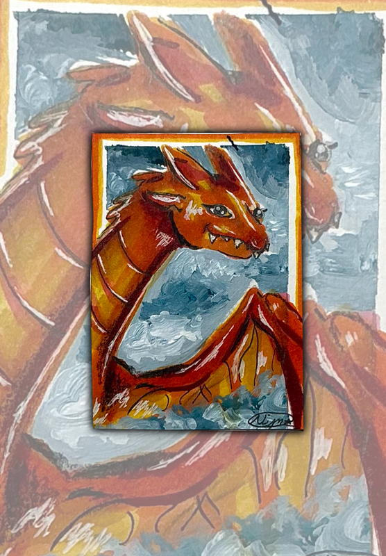 Whimsical Orange Dragon in the Sky. aceo art card