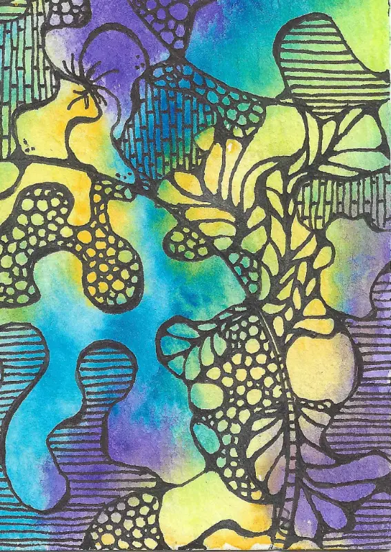 ACEO Original Watercolor and Ink Abstract Doodle Art Card c-avilez-art aceo art card