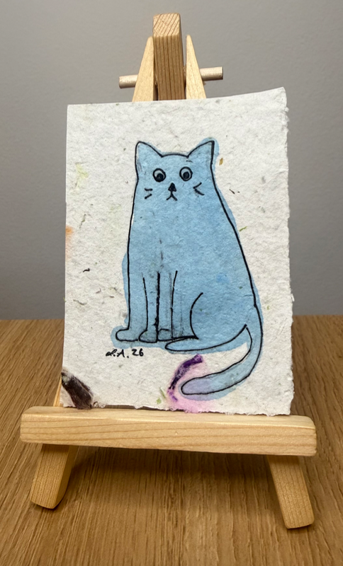 Blue Cat Original ACEO (handmade paper!)  by Lyndsay Aznaurov aceo art card