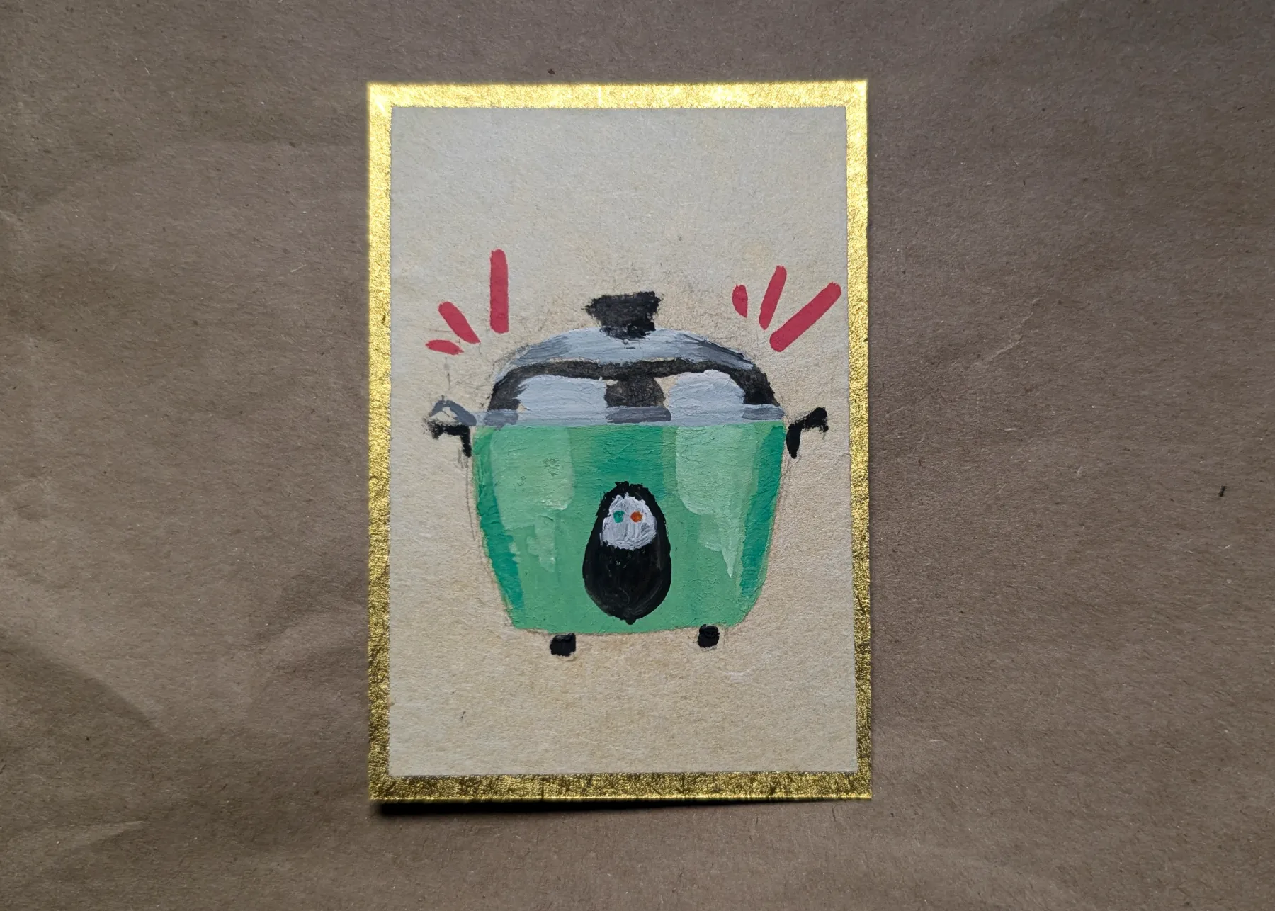 Hand Painted Taiwanese Rice Cooker on Calligraphy Paper - Gold Metallic Border aceo art card