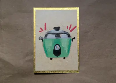 Hand Painted Taiwanese Rice Cooker on Calligraphy Paper - Gold Metallic Border aceo art card thumbnail 1