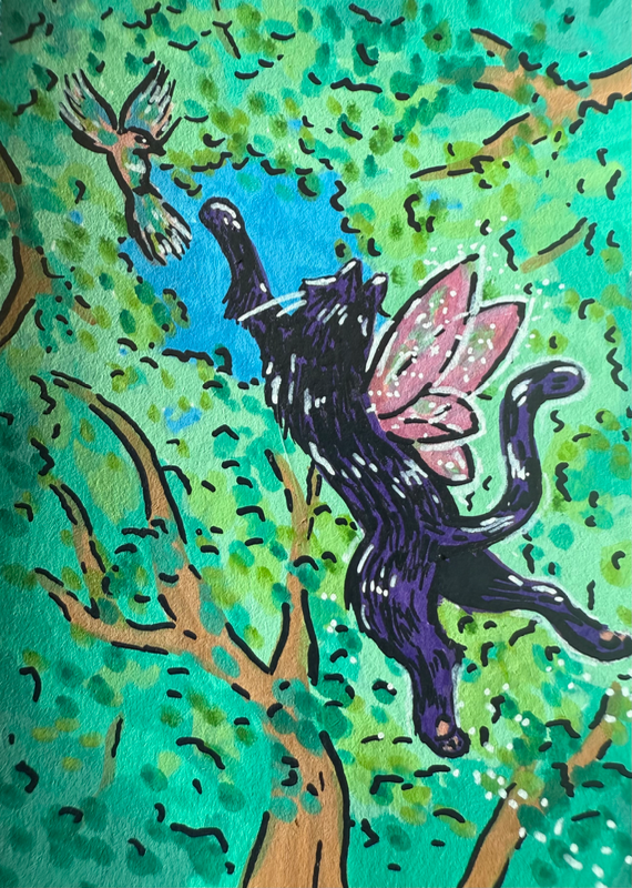 Fairy Kitty Playing with a Bird aceo art card