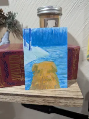 Golden retriever on winter creekside walk aceo art card thumbnail 1