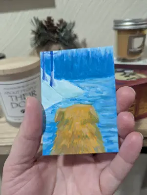 Golden retriever on winter creekside walk aceo art card thumbnail 2