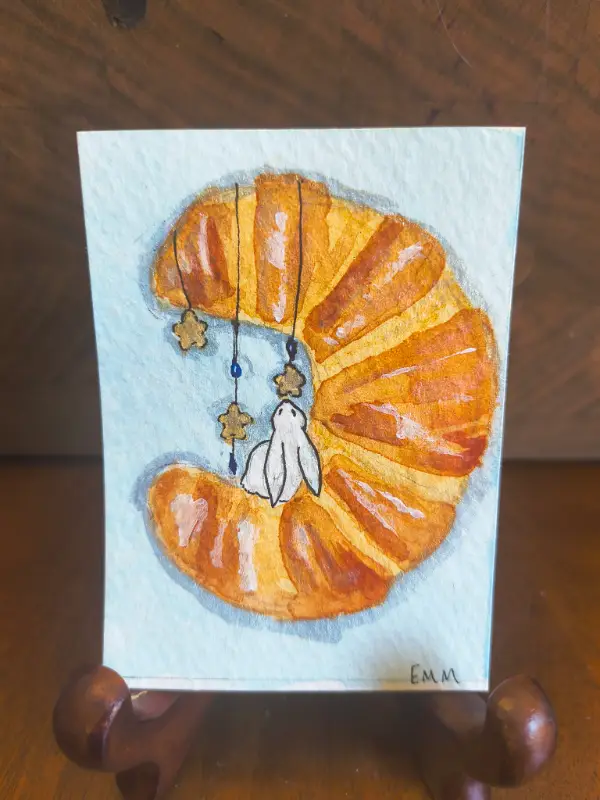 Bunny in the Croissant aceo art card