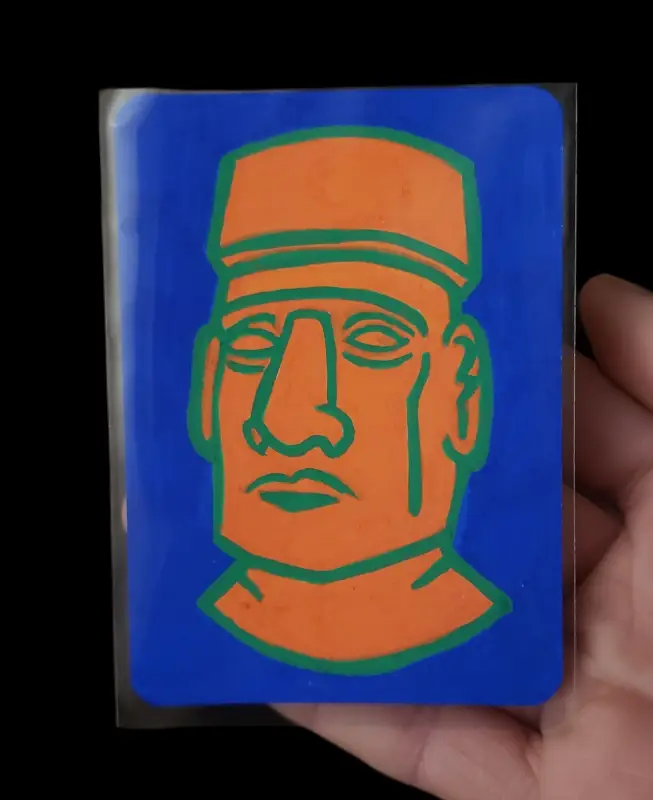 Orange and Blue Moai of Rapa Nui Easter Island Statue in POSCA Markers aceo art card