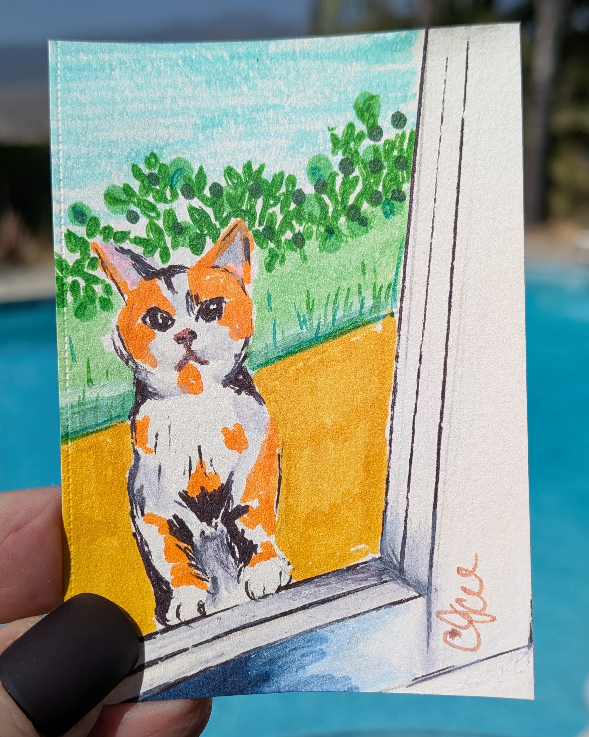 Excuse Me | Cat at Window Original ACEO aceo art card thumbnail 1