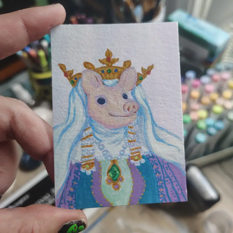 Medieval Queen Piggy aceo art card