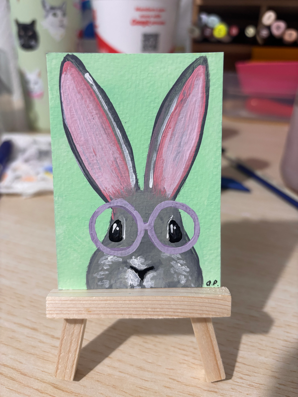 Bunny with Purple Round Glasses aceo art card