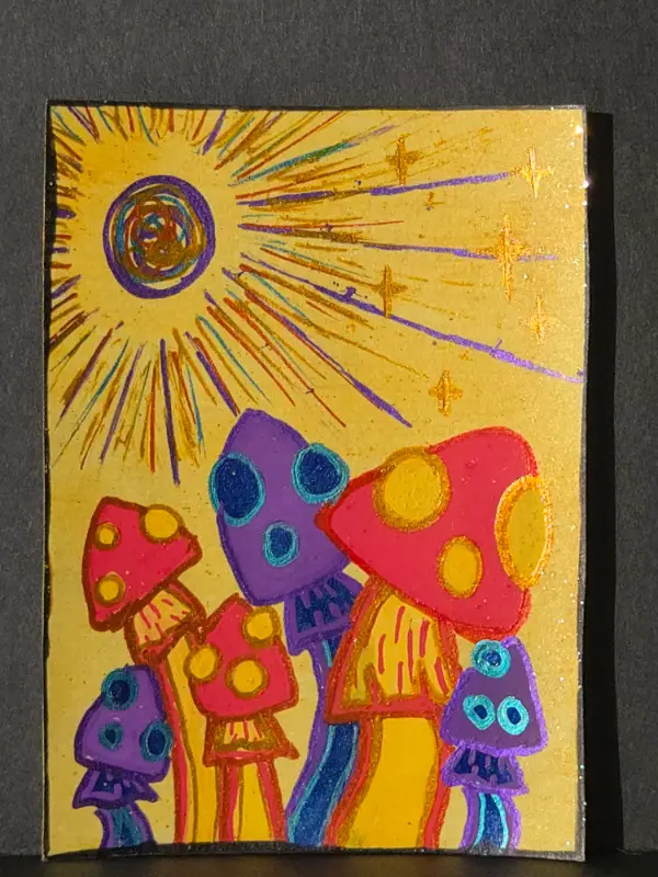 Lunar spore dreams- Mushrooms- ACEO original 2.5x3.5 miniature painting-Artist- FOXI aceo art card