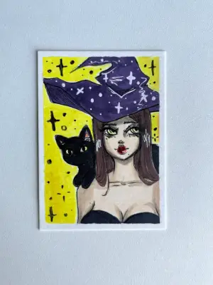 Witch and Her Cat aceo art card thumbnail 2