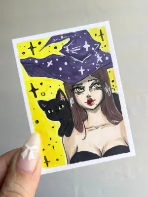 Witch and Her Cat aceo art card thumbnail 1