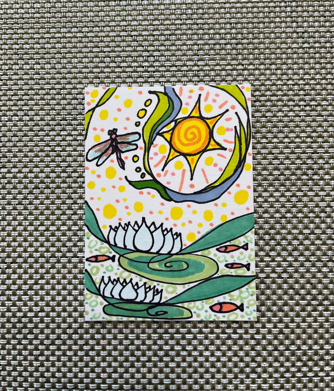 “Sunny Day Vibe” Dragonfly, Fish, Lotus, Sun Whimsy aceo art card