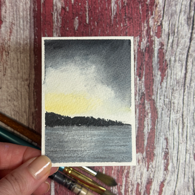ACEO Watercolor, Landscape, Original, Marsh, “Stormy Sky”, 3.5x2.5in, By Lark Watercolor aceo art card thumbnail 1