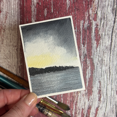 ACEO Watercolor, Landscape, Original, Marsh, “Stormy Sky”, 3.5x2.5in, By Lark Watercolor aceo art card thumbnail 2