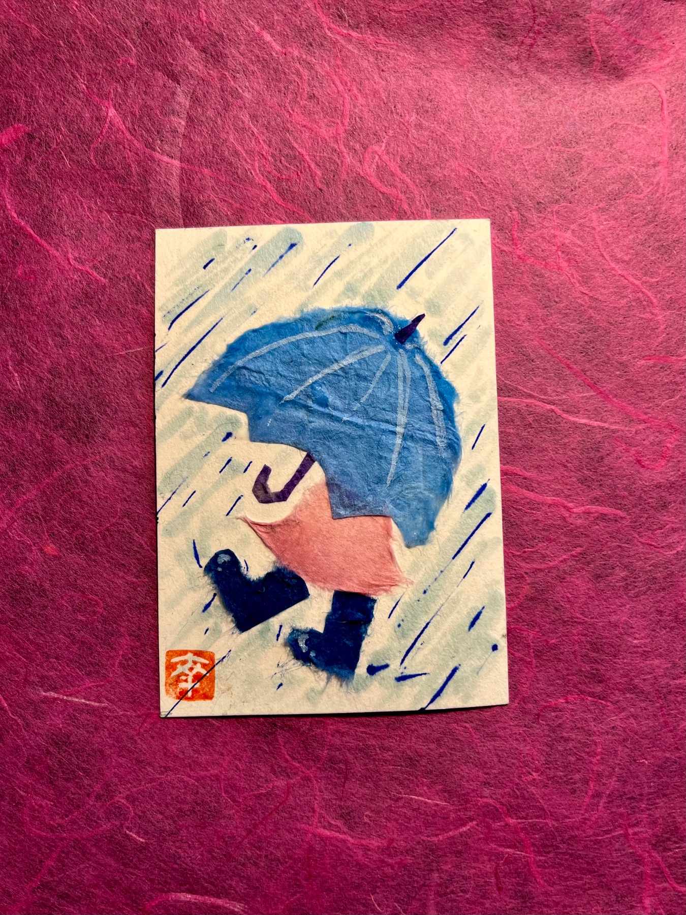 Rainy day fun- Japanese Washi art aceo art card