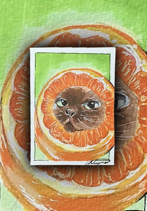 Orange Cat, Fruit Cat Series. Brown. aceo art card