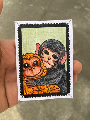 Punch Monkey and His Stuffed Animal aceo art card thumbnail 2