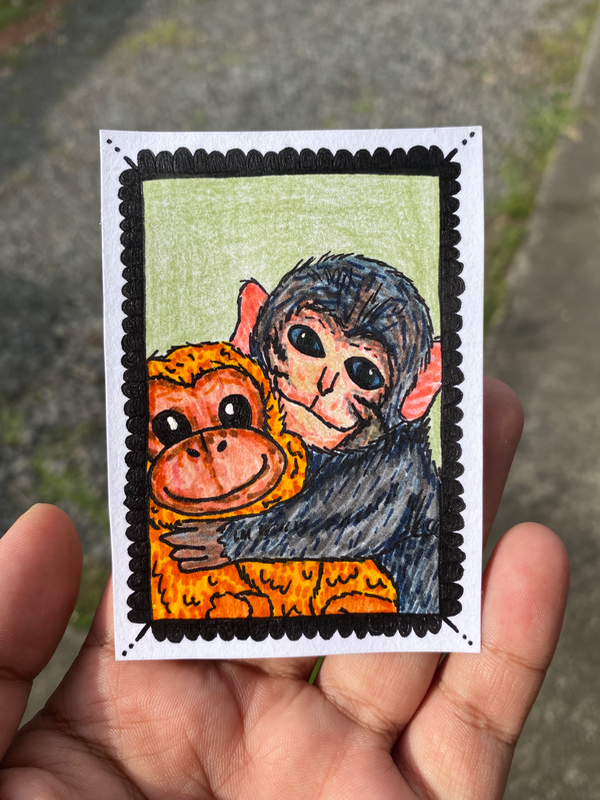 Punch Monkey and His Stuffed Animal aceo art card
