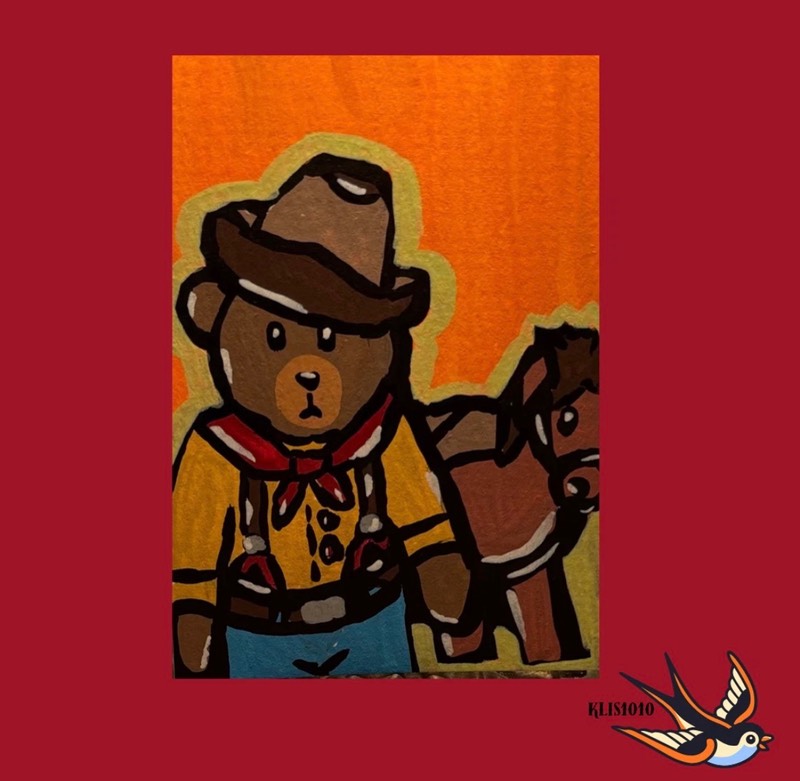 ACEO Original Artist Trading Card Mixed Media Cowboy Bear 2.5x3.5 On Paper aceo art card
