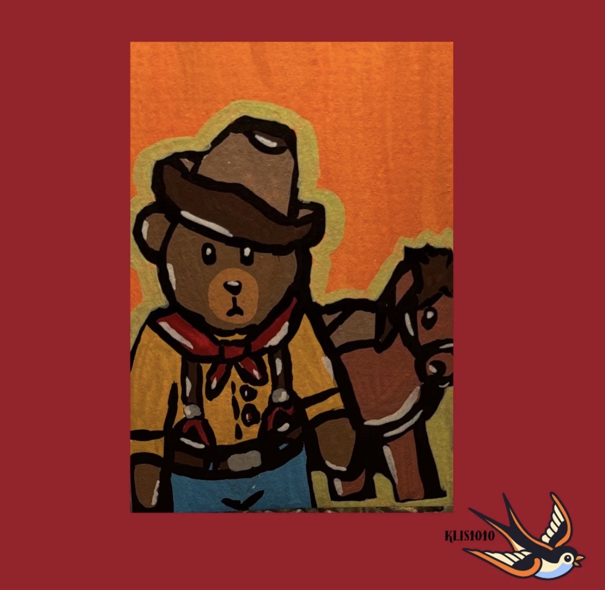 ACEO Original Artist Trading Card Mixed Media Cowboy Bear 2.5x3.5 On Paper aceo art card