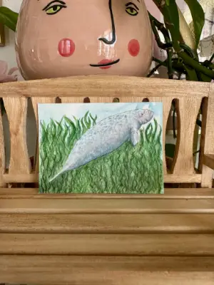 The Little Mermaid – Manatee ACEO Original Watercolor | Gentle Sea Cow Mini Painting aceo art card thumbnail 1