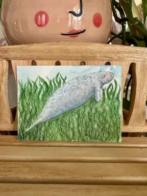 The Little Mermaid – Manatee ACEO Original Watercolor | Gentle Sea Cow Mini Painting aceo art card thumbnail 2
