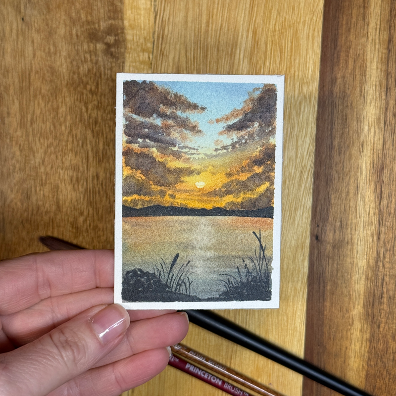 ACEO Watercolor, Landscape, Original, Marsh, “Purple Cloud Sunset”, 3.5x2.5in, By Lark Watercolor aceo art card