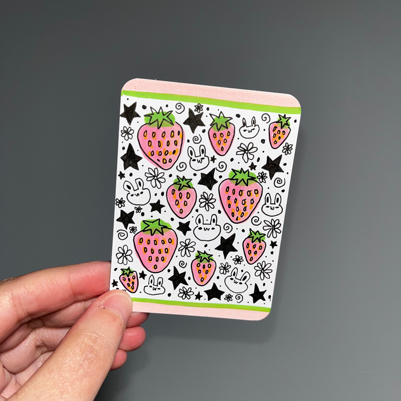 original aceo fruity friends series 1/3 strawberry bunny rabbit floral stars doodle pink aceo art card