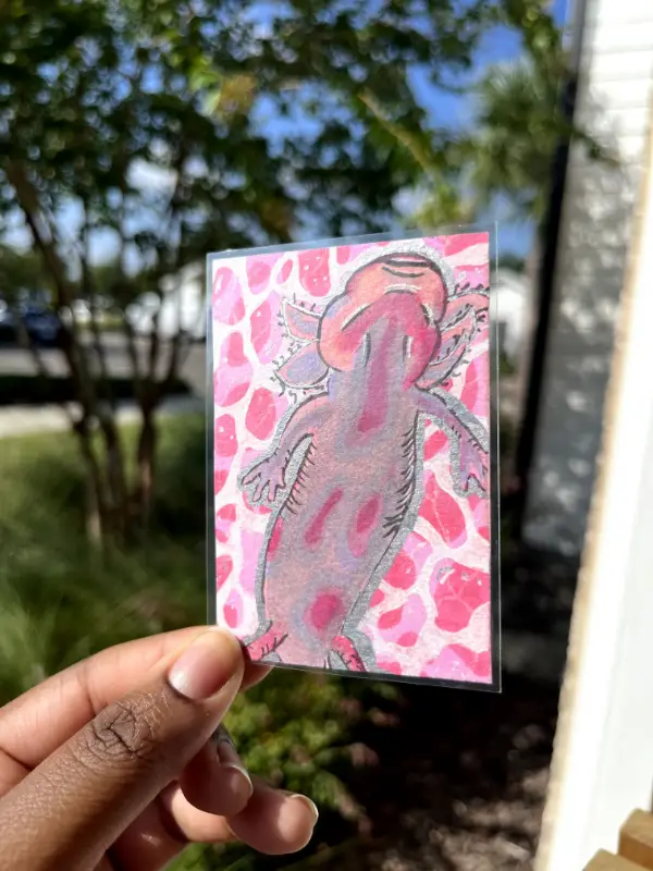 Pink Sparkly Axolotl Underwater aceo art card