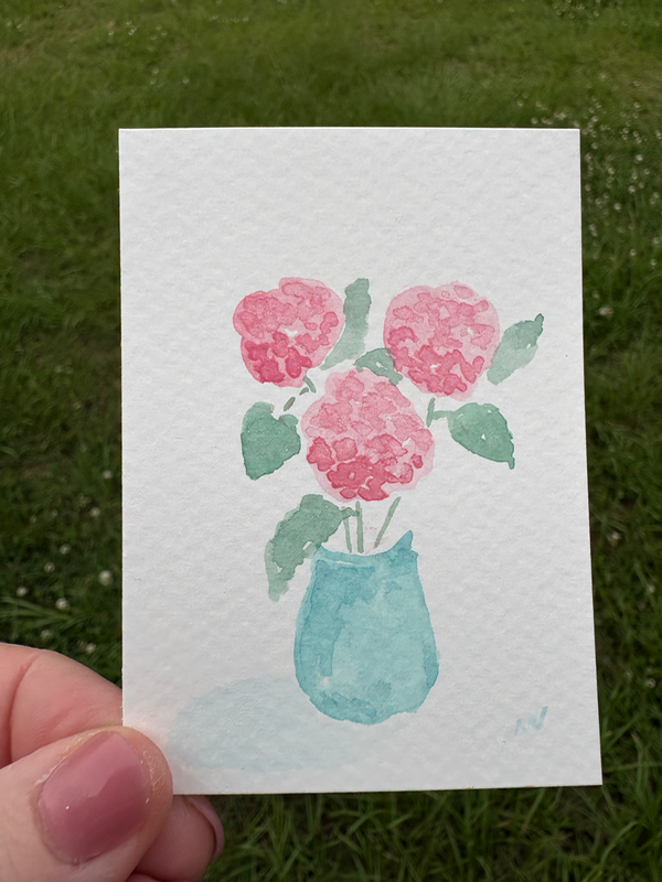 Pink Hydrangeas in Vase Abstract aceo art card