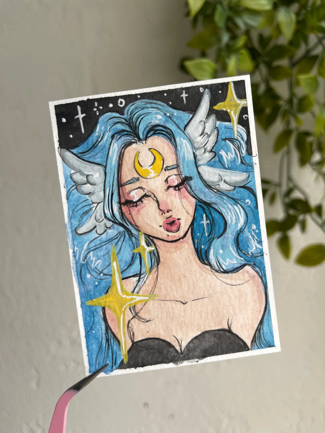 Blue Haired Angel aceo art card