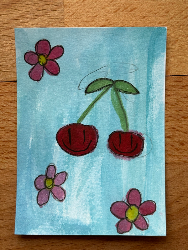 “Flower Cherry” Original Art, Young Artist aceo art card
