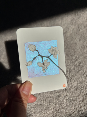 Orchid flower floral, botanical ink illustration with metallic watercolor square aceo art card thumbnail 2